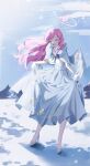 1girl absurdres angel_wings blue_archive breasts capelet cleavage closed_eyes collarbone day dress facing_viewer feathered_wings full_body hair_bun halo high_heels highres large_breasts long_hair mika_(blue_archive) open_mouth outdoors pink_hair pink_halo single_side_bun smile snow snowing solo standing white_capelet white_dress white_footwear white_wings wings xu_wen_(bbb2822828) 