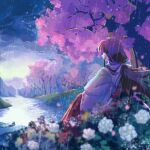  1girl black_hair cherry_blossoms cloud cloudy_sky flower from_behind highres inuyasha japanese_clothes kikyou_(inuyasha) long_hair manxin_chocolate miko nature rain river scenery sky solo 