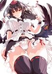  1girl ass_visible_through_thighs bird_wings black_hair black_skirt black_thighhighs black_wings breasts closed_mouth commentary_request frilled_skirt frills hand_fan hat highres kagami_toufu large_breasts looking_at_viewer panties pantyhose pointy_ears pom_pom_(clothes) red_eyes red_headwear ribbon-trimmed_legwear ribbon_trim shameimaru_aya shirt short_hair short_sleeves simple_background skirt solo thighhighs tokin_hat touhou underwear white_background white_panties white_shirt wings wrist_cuffs 
