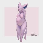  1:1 3_toes anthro artist_name barefoot belly big_belly big_breasts blush breasts cheek_tuft digital_media_(artwork) eeveelution espeon facial_tuft featureless_breasts feet female full-length_portrait fur generation_1_pokemon generation_2_pokemon hands_behind_back hi_res mammal narrowed_eyes navel nintendo nude outie_navel overweight pokemon pokemon_(species) portrait pregnant purple_body purple_fur signature simple_background solo standing tail toes tuft yutic 