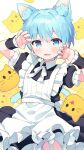  1girl animal_ear_fluff animal_ears blue_eyes blue_hair blush commentary_request fang fingernails highres kano_hito looking_at_viewer maid misskey.io murakami-san_(misskey.io) open_mouth skin_fang smile thighs wrist_cuffs 
