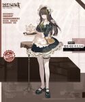  1girl apron bag brown_hair cup english_text girls&#039;_frontline green_hair handbag highres holding holding_cup holding_tray long_hair m4a1_(girls&#039;_frontline) maid maid_apron maid_headdress multicolored_hair official_alternate_costume official_art solo streaked_hair table teacup teapot tray 