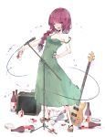 1girl alcohol amplifier blush bocchi_the_rock! bottle braid breasts cleavage closed_eyes dated dress drink drinking_straw electric_guitar green_dress guitar hand_on_own_hip highres hiroi_kikuri holding holding_drink instrument kuroneko_no_toorimichi long_hair microphone microphone_stand open_mouth red_hair signature simple_background single_braid smile solo white_background 