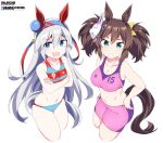  2girls animal_ears bike_shorts bikini blue_eyes breasts brown_hair character_name cleavage cropped_legs crossed_arms ear_covers green_eyes hair_between_eyes hands_on_own_hips headband horse_ears horse_girl horse_tail inari_one_(umamusume) large_breasts long_hair multicolored_bikini multicolored_clothes multiple_girls numbered pink_shorts purple_sports_bra red_headband shigino_sohuzi shorts simple_background small_breasts smile sports_bikini sports_bra striped striped_sports_bra swimsuit tail tamamo_cross_(umamusume) umamusume white_background white_hair 