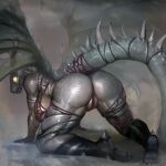  absurd_res all_fours anthro bent_over big_breasts big_butt breasts butt capcom clothed clothing elder_dragon female genitals glowing glowing_eyes hi_res huge_breasts huge_butt keeltheequine lips monster_hunter pussy skimpy solo spikes thick_thighs vaal_hazak wide_hips wings 