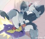  anthro balls black_body black_fur black_hair duo erection exsys fur generation_8_pokemon genitals hair looking_at_viewer male male/male muscular muscular_male nintendo nipples nude obstagoon penis pokemon pokemon_(species) purple_body tongue tongue_out toxtricity 