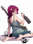 1girl alcohol_carton back bare_shoulders barefoot blush bocchi_the_rock! boogieleo5 bottle braid brown_eyes carton dress earrings electric_guitar feet from_behind full_body green_dress guitar hair_over_shoulder highres hiroi_kikuri holding holding_bottle instrument jewelry long_hair looking_at_viewer looking_back open_mouth red_hair sake_bottle simple_background sitting sketch smile soles solo strap_slip stud_earrings white_background 