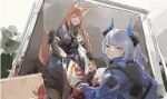  1other 2girls anger_vein animal_ears arknights black_pantyhose blood blood_on_clothes blood_on_face blue_hair blue_jacket blush carrying carrying_person clenched_teeth closed_eyes commentary dragon_horns dress elbow_gloves english_commentary fox_ears fox_girl fox_tail franka_(arknights) gloves grey_dress hair_between_eyes highres horns jacket liskarm_(arknights) looking_at_viewer multiple_girls open_mouth orange_eyes orange_hair pantyhose ponytail shinnasuka025 sweatdrop tail teeth 
