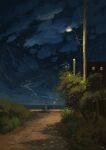  1girl bicycle building cloud cloudy_sky dirt_road grass highres horizon lamppost night original painting_(medium) plant power_lines road sky slow_d solo star_(sky) starry_sky traditional_media utility_pole 