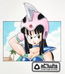  1girl a24wks armor bikini_armor black_eyes black_hair blue_choker breasts cape chi-chi_(dragon_ball) choker cleavage cloud collarbone commentary_request dragon_ball dragon_ball_(classic) furrowed_brow green_cape helmet highres hime_cut marker_(medium) medium_breasts official_style palm_tree pink_headwear portrait shoulder_armor sidelocks signature solo sweatdrop toriyama_akira_(style) traditional_media tree 