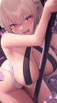  1girl absurdres bare_shoulders blush breasts cleavage criss-cross_halter grey_hair halterneck highres large_breasts looking_at_viewer open_mouth original poker_chip pole_dancing purple_eyes shirafuji_ene short_hair sideboob smile solo stripper_pole thighs 