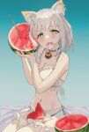  1girl absurdres animal_ear_fluff animal_ears arknights bell bikini blue_background breasts commentary_request duona food frilled_bikini frills fruit gradient_background green_eyes hair_in_own_mouth hands_up highres holding holding_food holding_fruit kal&#039;tsit_(arknights) looking_at_viewer medium_breasts mouth_hold neck_bell short_hair simple_background sitting solo swimsuit watermelon watermelon_slice white_bikini white_hair 