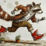  1:1 absurd_res ai_generated anthro bottomwear clothed clothing fully_clothed hi_res high_top_sneakers jacket male mammal open_mouth pants plant plant_pot potted_plant procyonid raccoon red_sneakers redshoesrise running shadow shirt side_view simple_background solo topwear 