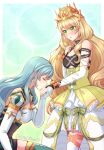  2girls absurdres armor banned_artist bare_shoulders blonde_hair blue_hair celine_(fire_emblem) chloe_(fire_emblem) crown dress earrings elbow_gloves fire_emblem fire_emblem_engage frilled_dress frills gloves green_eyes hair_ornament highres jewelry kiss kissing_hand lewdlilies long_hair multiple_girls ribbon thighhighs white_gloves 