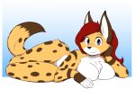  anthro blue_eyes breasts cheetah featureless_crotch felid feline female fur hair hi_res infinitedge looking_at_viewer lying mammal nude on_side red_hair smile solo spots spotted_body spotted_fur yellow_body yellow_fur 