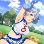  1girl armpits bad_link blue_eyes blue_hair blue_sky blunt_bangs breasts cheerleader cleavage cleavage_cutout clothing_cutout cloud crop_top day double_bun eighth_note field forest goal grass hair_bun hair_ornament highres kanon_(senran_kagura) large_breasts leaf looking_at_viewer midriff miniskirt musical_note musical_note-shaped_pupils musical_note_cutout nature navel open_mouth outdoors pleated_skirt pom_pom_(cheerleading) senran_kagura senran_kagura_new_wave short_hair shuriken shuriken_hair_ornament skirt sky sleeveless soccer_field solo stretching sunlight symbol-shaped_pupils tree weapon white_skirt yaegashi_nan 
