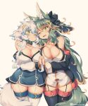  2girls animal_ears bare_shoulders black_bow black_sleeves black_thighhighs blue_hair bow breasts cleavage collar commentary_request detached_sleeves green_collar green_eyes green_hair hair_bow highres holding_hands interlocked_fingers kuromiya kuromiya_raika large_breasts long_hair looking_at_viewer multicolored_hair multiple_girls one_eye_closed orange_hair original shiromiya_asuka short_hair simple_background tail thighhighs thighs two-tone_hair white_hair white_sleeves white_thighhighs yellow_background 