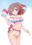  1girl :q apron back_bow bare_shoulders bikini blue_sky boh_stick bow bowl bowtie brown_hair closed_mouth cloud cloudy_sky commentary cowboy_shot day delicious_party_precure food frilled_bikini frills groin hair_ribbon highres holding holding_bowl holding_spoon licking_lips looking_at_viewer medium_hair nagomi_yui navel off-shoulder_bikini off_shoulder outdoors pink_bikini pink_bow pink_bowtie pink_ribbon precure purple_eyes ribbon shaved_ice side-tie_bikini_bottom sky smile solo spoon standing swimsuit tongue tongue_out twitter_username two_side_up waist_apron 