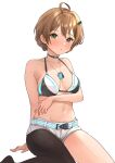  1girl absurdres ahoge aqua_belt b1ack_illust bikini bikini_top_only black_choker breasts brown_hair choker dance_on_the_galaxy_(idolmaster) dog_tags green_eyes hair_ornament hairclip highres idolmaster idolmaster_million_live! looking_at_viewer medium_breasts navel no_jacket sakuramori_kaori short_hair short_shorts shorts simple_background single_leg_pantyhose solo stomach swimsuit white_background white_shorts 