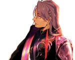  1boy armor black_shirt collared_shirt duryodhana_(fate) earrings embroidery facial_hair fate/grand_order fate_(series) goatee hair_ornament jewelry long_hair omttrtr purple_eyes purple_hair shawl shirt shoulder_armor simple_background white_background 