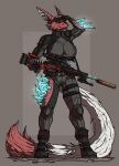  alexandrys anthro big_tail black_sclera boots clothing elemental_manipulation female fenril_(spicy_flakes) footwear full-length_portrait fur gun hi_res ice_body icicle inner_ear_fluff omaira_jeckals portrait ranged_weapon red_body red_eyes red_fur rifle simple_background sniper_rifle solo stealth_suit tail tail_tuft tongue tongue_out tuft uniform weapon white_body white_fur 