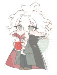  1boy beri_ame black_cape blush cape commentary_request cup danganronpa_(series) danganronpa_2:_goodbye_despair drinking full_body glass green_jacket hair_between_eyes holding holding_cup jacket komaeda_nagito long_sleeves male_focus messy_hair print_shirt red_cape shirt shoes solo two-tone_cape white_hair white_shirt 