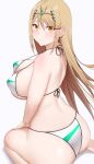  1girl absurdres arind_yudha ass bikini blonde_hair blush closed_mouth earrings from_behind hair_ornament highres jewelry kneeling long_hair mythra_(xenoblade) simple_background smile solo swimsuit thighs white_background white_bikini xenoblade_chronicles_(series) xenoblade_chronicles_2 yellow_eyes 