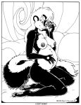  2003 anthro breasts english_text female fur greyscale hair mammal mephitid monochrome navel nipples nude pillow pregnant pregnant_female skunk solo steamfox text 