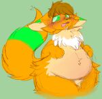  anthro belly blush canid canine fluffy fox fur green_eyes green_markings h3llvixn holding_belly male mammal markings null open_mouth orange_body orange_fur pear-shaped_figure solo thick_thighs wide_hips 
