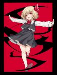  1girl black_skirt blonde_hair enokishima frilled_shirt_collar frills hair_ribbon highres long_sleeves open_mouth outstretched_arms red_footwear ribbon rumia skirt socks solo touhou 