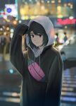  absurdres arm_up black_eyes black_headwear black_jacket blurry blurry_background fanny_pack highres hood hood_up hoodie jacket outdoors photo_background sakura_inu_(itoyatomo) sleeves_past_fingers sleeves_past_wrists solo standing upper_body 