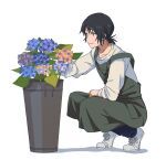  1boy apron black_eyes black_hair blue_flower blue_pants closed_mouth commentary_request flower full_body green_apron hydrangea leaf long_sleeves male_focus marutei2 mr._koiwai pants purple_flower shirt shoes short_hair simple_background smile sneakers solo squatting vase white_background white_footwear white_shirt yotsubato! 