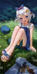  1girl absurdres bag bare_legs bike_shorts blue_bow blue_dress blue_eyes blue_nails blush bow covering covering_crotch cup dress english_commentary feet fins fish_tail foreshortening frilled_sleeves frills full_body gawr_gura grass grey_hair hair_ornament hairband hairclip handbag head_tilt highres hololive hololive_english jedd_(jeddisorange) knees_up legs looking_at_viewer mug nail_polish official_alternate_costume open_mouth outdoors red_bow sandals shark_girl shark_tail sharp_teeth shirt short_dress short_sleeves sidelocks sitting solo tail tail_censor teeth toenail_polish toenails toes two_side_up virtual_youtuber white_shirt 