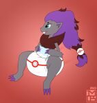  2023 anthro biped blue_eyes candy claws clean_diaper clothed clothing dessert diaper diaper_only fan_character food front_view fur generation_5_pokemon grey_body grey_fur hair hi_res imces male marshmallow mostly_nude nintendo object_in_mouth pokeball pokeball_diaper pokemon pokemon_(species) premier_ball purple_claws purple_hair red_background shiny_pokemon simple_background sitting solo topless wearing_diaper zor_(nya4) zoroark 