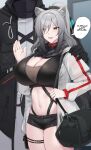  1boy 1girl :d absurdres animal_ears arknights bag black_jacket black_scarf black_shorts breasts cat_ears choker cleavage commentary cowboy_shot crop_top doctor_(arknights) grey_hair hair_over_one_eye highres huge_breasts jacket kanta_(kanta_077) long_hair long_sleeves looking_at_viewer midriff navel open_clothes open_jacket open_mouth red_choker scarf schwarz_(arknights) short_shorts shorts smile speech_bubble standing stomach thigh_strap thighs white_jacket yellow_eyes 