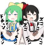 2boys 2girls ascot bar_censor black_hair black_skirt blue_eyes blue_skirt blue_vest blush bow censored closed_eyes closed_mouth clothing_aside collared_shirt commentary cookie_(touhou) daiyousei diyusi_(cookie) feet_out_of_frame flat_chest green_hair hair_bow hetero high-visibility_vest holding_hands hospital_king long_sleeves medium_bangs medium_hair multiple_boys multiple_girls open_mouth panties panties_aside penis ponytail pussy red_ascot red_bow sex shirt short_sleeves simple_background sitting siyudi_(cookie) skirt spread_legs suspender_skirt suspenders tearing_up thighhighs touhou underwear unusually_open_eyes vaginal vest white_background white_panties white_shirt white_thighhighs yellow_ascot yellow_bow 