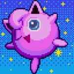  animal_focus blue_background blue_eyes commentary english_commentary full_body gradient_background happy jigglypuff leg_up looking_at_viewer lowres no_humans one_eye_closed open_mouth pixel_art pokemon pokemon_(creature) rockthebull smile solo sparkle standing standing_on_one_leg super_smash_bros. 