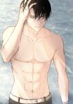  1boy abs absurdres belt black_hair collarbone commentary_request frown grey_eyes hand_in_own_hair hand_on_own_head highres levi_(shingeki_no_kyojin) male_focus navel partially_submerged shingeki_no_kyojin sirius_0905hz solo sunlight toned toned_male topless_male twitter_username water white_belt 