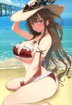  1girl absurdres armband ass bare_shoulders beach bikini blue_eyes breasts brown_hair covered_nipples day flower-shaped_pupils hair_rings hair_tie hand_on_own_head hat highres huge_ass large_breasts long_hair ocean official_art open_mouth pier red_bikini senran_kagura senran_kagura_new_link smile straw_hat sunglasses swimsuit symbol-shaped_pupils toki_(senran_kagura) yaegashi_nan 