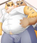  2023 anthro balls_outline bear belly big_belly black_nose blush bottomwear brown_body bulge clothed clothing duo embrace erection erection_under_clothing felid genital_outline hi_res hug hugging_from_behind kemono male mammal overweight overweight_male pantherine pants penis_outline puss3250 shirt tiger topwear 