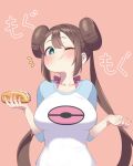  1girl absurdres aqua_eyes blue_shirt blush bra breasts brown_hair closed_mouth collarbone commentary_request double_bun doughnut_hair_bun hair_bun hands_up highres holding impossible_clothes korean_commentary large_breasts long_hair looking_at_viewer matdoljangin mixed-language_commentary one_eye_closed pink_background pink_bra pokemon pokemon_(game) pokemon_bw rosa_(pokemon) shirt sidelocks solo sound_effects twintails two-tone_shirt underwear upper_body whipped_cream white_shirt 