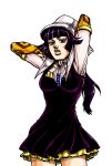  1girl animal_print arms_up blunt_bangs bonnet cowboy_shot dress elbow_gloves gloves hat jojo_no_kimyou_na_bouken leopard_print long_hair metamin_(memethah) purple_eyes purple_hair short_dress solo steel_ball_run sugar_mountain 