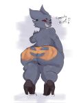  anthro big_butt bodypaint butt clothing english_text female footwear generation_1_pokemon gengar hi_res high_heels huge_butt koco_gi looking_back nintendo nude overweight overweight_female plump_(character) pokemon pokemon_(species) purple_body rear_view smile solo text thick_thighs 