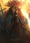  1boy artist_name black_hair character_name copyright_name cross demon_of_hatred fire from_behind highres holding holding_sword holding_weapon horns long_hair looking_at_another monster red_hair sekiro sekiro:_shadows_die_twice sharp_teeth short_hair sword teeth tripdancer weapon 