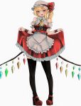  1girl :d absurdres adapted_costume apron ascot bare_shoulders belt black_thighhighs blonde_hair clothes_lift crystal flandre_scarlet full_body hat hat_ribbon highres lifted_by_self looking_at_viewer medium_hair mesuosushi mob_cap open_mouth pointy_ears red_eyes red_footwear red_ribbon red_skirt ribbon simple_background skirt skirt_lift smile solo standing thighhighs touhou white_apron white_background white_headwear wings wrist_cuffs yellow_ascot 