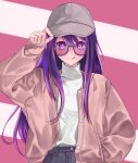  1girl adjusting_clothes adjusting_headwear baseball_cap brown_jacket chinese_commentary closed_mouth commentary_request denim glasses hair_between_eyes hand_in_pocket hat highres hoshino_ai_(oshi_no_ko) jacket jeans kuaixue_shiqing long_hair multicolored_eyes open_clothes open_jacket oshi_no_ko pants purple_eyes purple_hair shade sidelocks solo sunglasses sweater tongue tongue_out turtleneck turtleneck_sweater variant_set white_headwear white_sweater zipper 