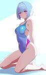 1girl absurdres arms_behind_back barefoot batta_16-sei black_hair blue_one-piece_swimsuit commentary_request competition_swimsuit covered_navel eyebrows_hidden_by_hair full_body highleg highleg_swimsuit highres kneeling looking_at_viewer multicolored_clothes multicolored_swimsuit one-piece_swimsuit original purple_eyes short_hair solo swimsuit 