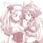  2girls akiyama_yukari animal_ears blush breasts bridal_veil clothes_pull dog_ears dog_tail dress dress_pull embarrassed erwin_(girls_und_panzer) flower girls_und_panzer hair_flower hair_ornament looking_at_another midriff monochrome multiple_girls navel nipples no_bra one_breast_out shinaso_(sachi-machi) short_hair simple_background sketch small_breasts sweat tail veil wedding_dress yuri 