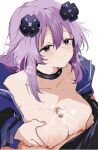  1boy 1girl adult_neptune after_ejaculation after_paizuri black_choker breast_hold breasts breath choker collarbone commission cum cum_on_body cum_on_breasts hetero jacket large_breasts light_smile looking_at_another neptune_(neptune_series) neptune_(series) nipples nonoyama purple_eyes purple_hair purple_jacket simple_background skeb_commission sweat white_background 