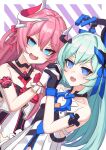  2girls :d absurdres aqua_hair bare_shoulders black_gloves blue_eyes blush bow breasts collarbone commentary_request diagonal_stripes dress erio_dazima fang gloves hair_between_eyes hand_up highres holding_hands honkai_(series) honkai_impact_3rd horns liliya_olenyeva long_hair looking_at_viewer multiple_girls pink_hair red_bow rozaliya_olenyeva short_eyebrows single_horn small_breasts smile striped striped_background striped_bow tail thick_eyebrows very_long_hair white_dress white_gloves 